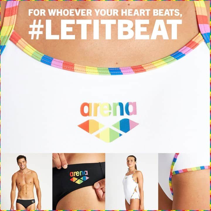 のインスタグラム：「LET IT BEAT ♥️🧡💛💚💙💜 2021 Pride Collection drops today and we couldn’t be more excited. Arena Pride suits are more than just a suit, they are a way for you to SHOW that everyone is welcome in the swimming community.」