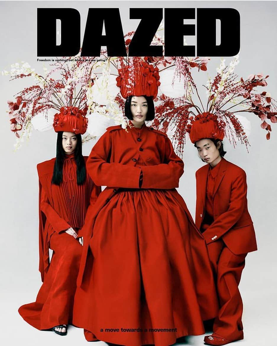 アガノヴィッチのインスタグラム：「Ok, this a more a barefaced brag than a sharing of work as it’s not only our first @dazed editorial but our first Dazed cover thanks to the extraordinary Ib Kamara. Our red organza dress is on the left with a Robert Wun cape. Yohji and AZFactory in the middle Fendi on the right. Photography @rafaelpavarotti_  Styling @ibkamara Hair @vpintomoreira Make-up @ammydrammeh Casting @mischanot @11casting Headpieces Ib Kamara and @ibbynjoya  #Dazed Summer 2021 #DazedNewEra」