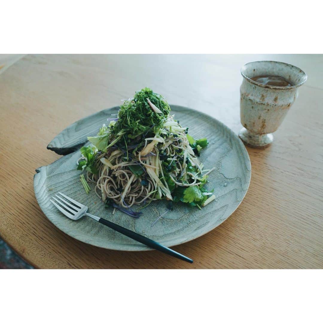 高山都さんのインスタグラム写真 - (高山都Instagram)「新生姜の冷製パスタをお蕎麦で代用。 刻んだ三つ葉、クレソン、ミョウガ、スプラウトをボウルで、茹でたお蕎麦、オリーブオイル、出汁醤油と和えるだけ。 簡単だけど、食べ応えあって、さっぱりおいしい。 うつわは @saorishimoo @shimookazuhiko #shimoodesign の木のプレート。 #みやれゴハン」5月26日 11時48分 - miyare38
