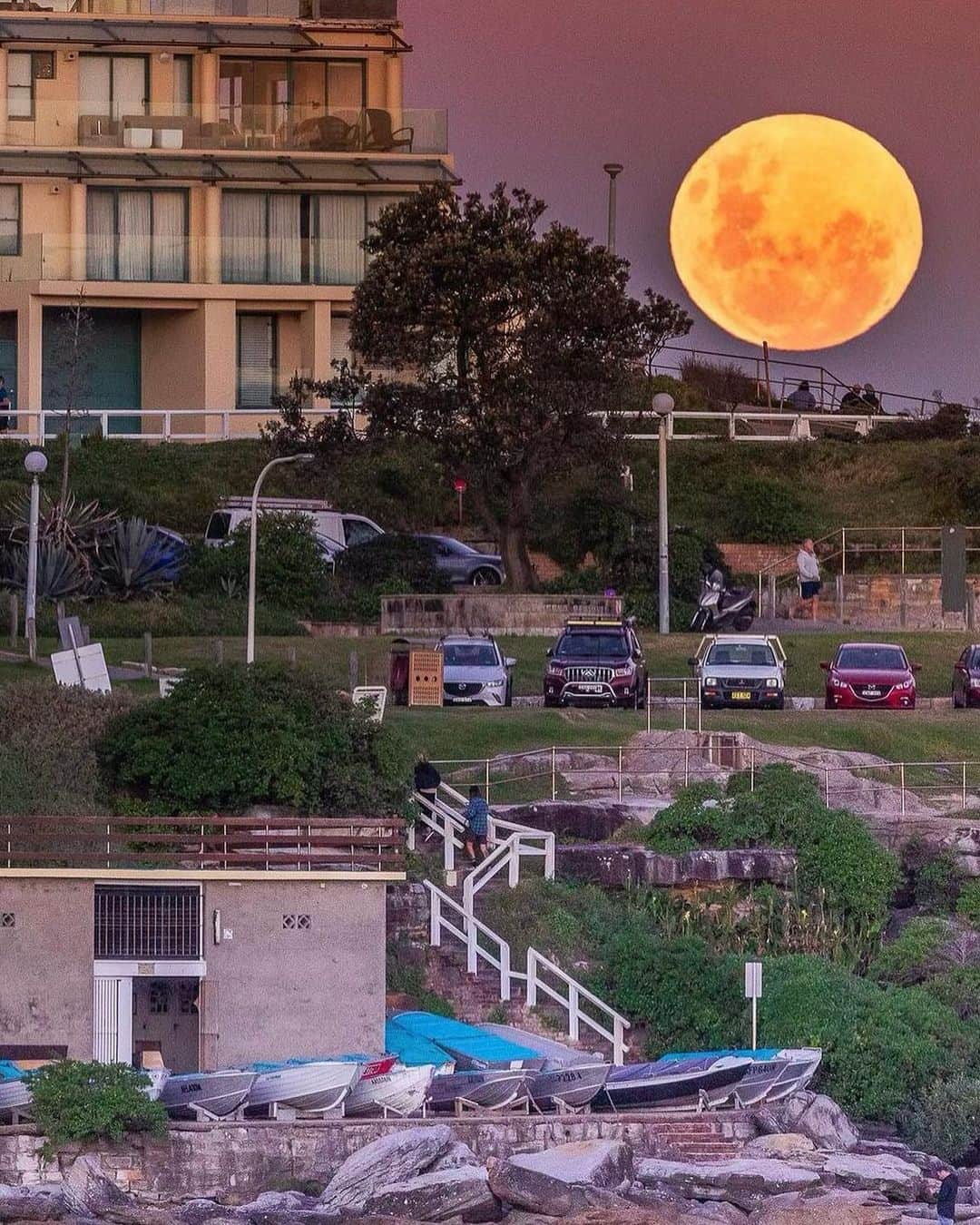 ヒュー・ジャックマンのインスタグラム：「North Bondi last night. #nofilter #supermoon Thanks for sending Dean.」
