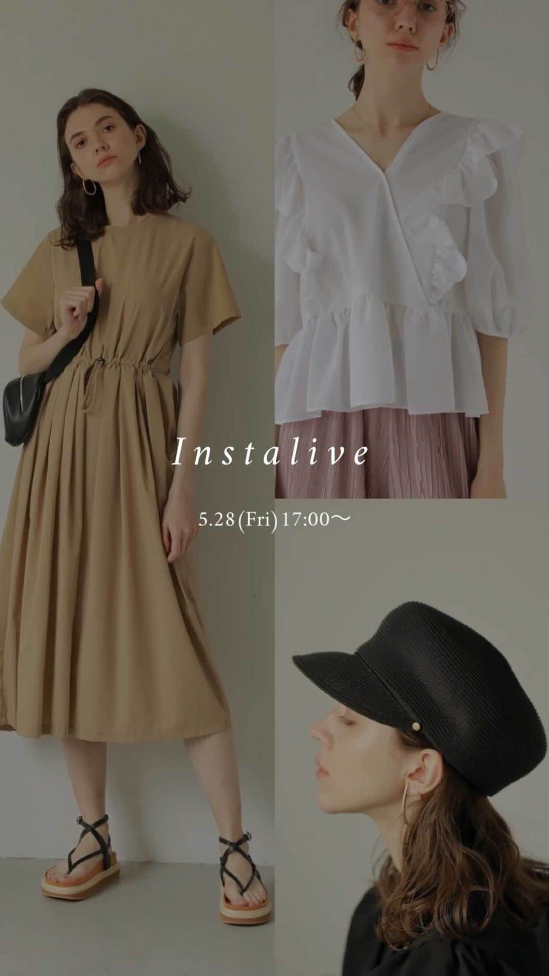 のインスタグラム：「【5/28(Fri)6月PRE ORDER】 Frill neck ブラウス　￥9,900 Summer Paper キャスケット　￥7,700 T shirts オールインワン　￥11,000  @sachika_takemura 161cm #ACYM #instalive #インスタライブ」