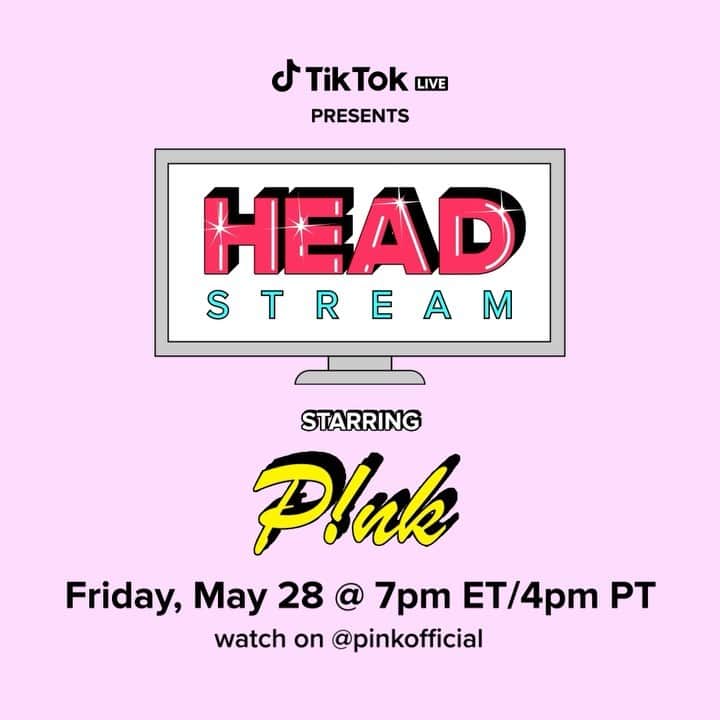 P!nk（ピンク）のインスタグラム：「Tonight! I'm going LIVE on @tiktok for #Headstream at 7pm ET / 4pm PT 📺‼️Can't wait to hang with you! Tune in here: https://tiktok.com/@pinkofficial」