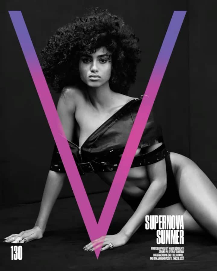 イマン・ハマンのインスタグラム：「V MAGAZINE’S SUPERNOVA SUMMER HAS ARRIVED! 💜 So excited to be on the cover of V130, @vmagazine's new summer 2021 issue! Shot by @mario_sorrenti 🪐 Be sure to order your copy of V130 at shop.vmagazine.com now!」