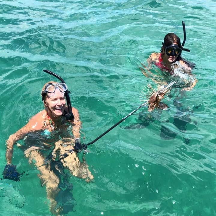 ローリー・リン・スタークのインスタグラム：「Spearing lionfish the exotic species that are harmful to the Reefs . Lionfish can eat up to 79% of juvenile fish in just  5 weeks! 🧜‍♀️」