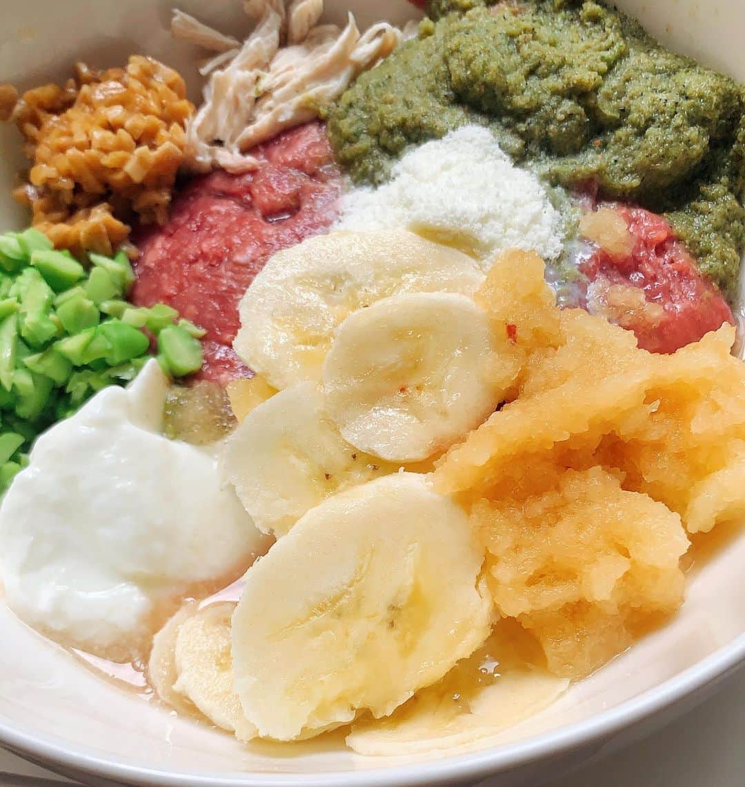 岸本加世子のインスタグラム：「姫子が４キロも痩せてしまったので栄養たっぷりご飯。生肉、野菜ピューレ、ひき割り納豆、枝豆、ササミ、ヤギミルク、ヨーグルト、すりおろしリンゴ、バナナ。で私は面倒臭いのでお茶漬け。笑」