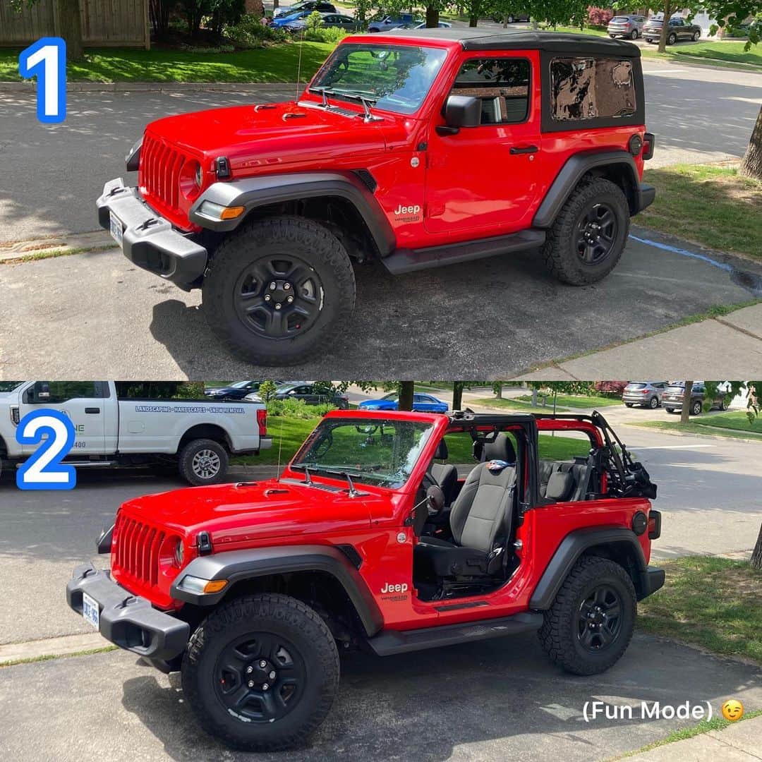 アンドレイ・ロゴジンのインスタグラム：「Comment 1 or 2! Which way would you ride it? 😎☀️🚗 #jeep #wrangler #jeepwrangler #redjeep #topless #softtop #doorsoff #summer #hardtopvssofttop #topupvstopdown #redjeepwrangler #redwrangler #wranglerjl #2door #2doorjeep #red2door #2doorjl」