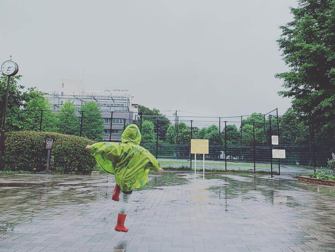 安田美沙子さんのインスタグラム写真 - (安田美沙子Instagram)「お迎え後、足が化膿してしまったので病院へ。 早く着いてしまい、初めての公園散策。  連写してたら、この息子の飛ぶ姿がおもしろすぎて。笑 まるで空から舞い降りてきた 座敷わらしみたい。  最近前髪切ったから特に。笑  ありさんに傘をさしてあげたり、バシャバシャ水溜りに一緒に入ったり。  雨も一緒だと楽しいね✨  　 #赤い長靴　#本人チョイス　#雨宿り　#探検　#雨も悪くない　#痛いのがまんできました」7月3日 17時19分 - yasuda_misako