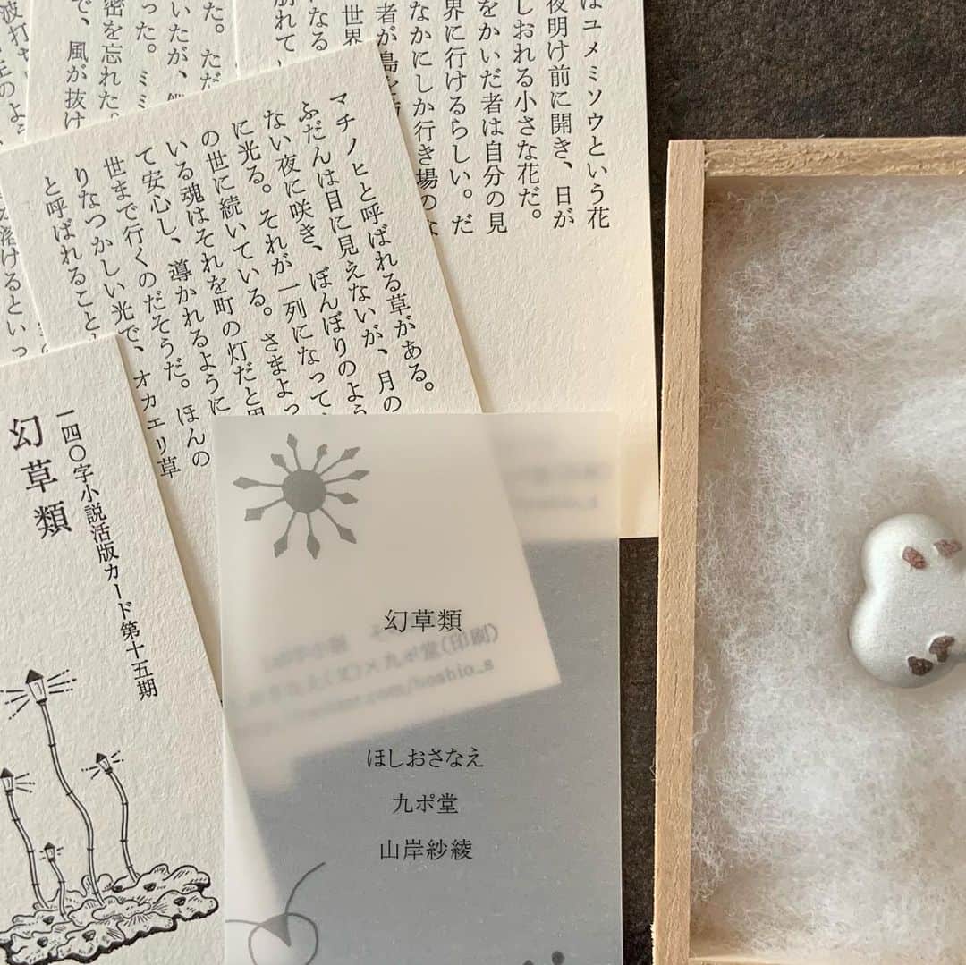 ほしおさなえのインスタグラム：「名古屋栄三越８階ジャパネスクコート「豆本と紙と活版印刷ー物語と紙の世界を楽しむ」で販売中の１４０字小説活版カード５枚セット新作「幻草類」特装版です。こちら、漆作家の山岸紗綾さんとのコラボで、活版カード新作５種類と山岸さん作のピンブローチ１点がセットになっています。」