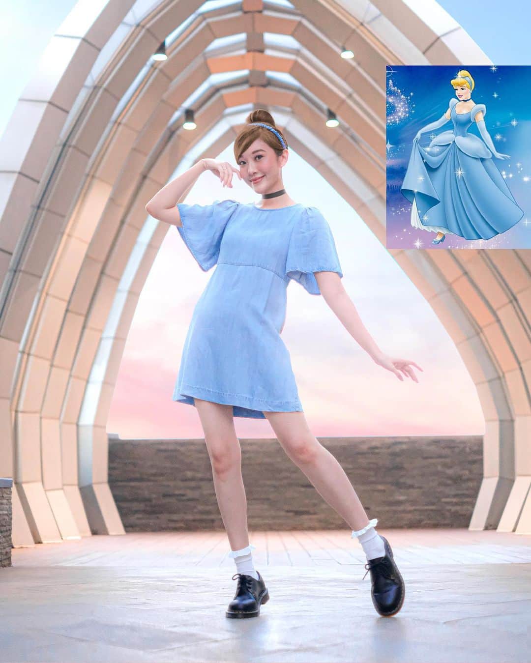 ジェシカ・ヤマダのインスタグラム：「If Cinderella went casual 👸🏼🏰🕛⁣⁣ No glass slippers for me! Thought the #DisneyPrincess would like to pair a docmart to match her black choker, you know, when she’s bored of her bibbity bobbity ballgowns and stuff. 💫⁣⁣ ⁣⁣ #ELLEJESSas #Cinderella⁣⁣⁣ #jesswears #DisneyBound #DisneyOOTD⁣」