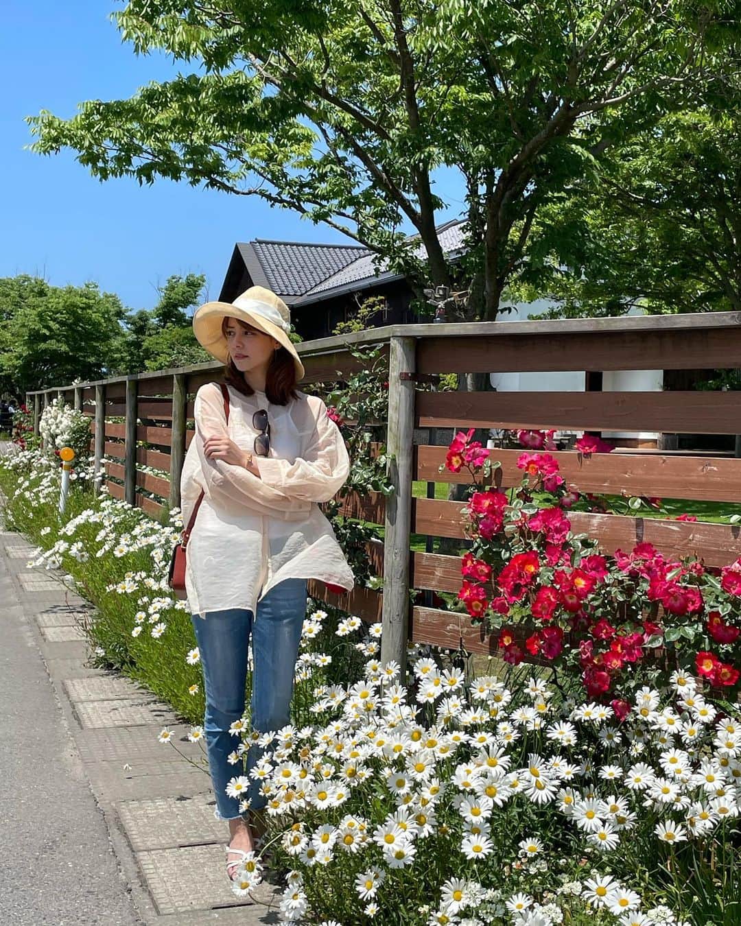 藤井美菜さんのインスタグラム写真 - (藤井美菜Instagram)「. 新潟にあるカーブドッチワイナリーに行きました。新潟県内の様々な場所で薔薇を満喫できていますね。 昨夜見ていた「マツコ&有吉　かりそめ天国」で、タイムリーに、新潟のことが出てきていて、司会のお二人が新潟の魅力について色々とお話されていました。それを見てちょっと嬉しくなってしまった私です。 니가타에 있는 Cave Docci Winery에 갔다왔어요. 니가타에 있는 다양한 곳에서 장미를 즐길수가 있었네요.  I went to Cave Docci Winery. I enjoyed beautiful roses several places in Niigata.   hat,tops @clane_official sunglass @calvinklein denim @giordanokr bag @chloe #新潟#新潟観光#今日のコーデ#美菜私服#カーブドッチ#니가타#일본#패션#일상#장미#niigata#niigataprefecture#Japan#ootd#rose#roses」6月12日 20時09分 - fujii_mina_0715