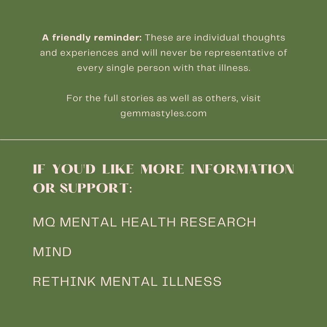 ジェマ・スタイルズさんのインスタグラム写真 - (ジェマ・スタイルズInstagram)「A self-explanatory title 💚 Last month I asked you if anyone would like to communicate their thoughts and feelings on mental illnesses that typically have less representation. The above slides are short quotes from some of the messages that you sent me — you can find them in their entirety on my website (gemmastyles.com) and if you care about increasing our levels of awareness and understanding for various mental health conditions I’d really encourage you to have a read.⁣ ⁣ For my fellow sufferers of depression and anxiety: in no way do I mean that our conditions aren’t difficult and complex to deal with — there is so so much to be done in creating true understanding and treatment for these debilitating illnesses. We pass the mic to our friends who deal with our, and other illnesses, without the benefit of the awareness we already have. Love ya.」6月16日 2時43分 - gemmastyles