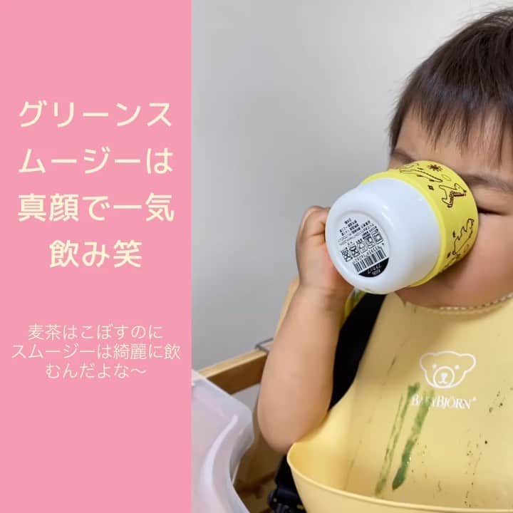 のインスタグラム：「#グリーンスムージー   ジュースという存在を、スムージーしか知らないので はじめての甘い飲み物に本当に夢中です  緑のお髭が😂💕  息子のお気に入り、動物のカップはダイソー レンジ対応でオススメです🙌  @careercollegejapan で幼児食の勉強してみようかなぁと検討中…でも他にしたい事もあるんですよね…  割引クーポンコードはこちら「ambaY53」 使い方はハイライトにあります🙌   #babyboy #babyfood #ままのて  #1歳6ヶ月 #1歳6ヶ月ごはん  #赤ちゃんのいる生活 #子供のいる暮らし #幼児食献立 #幼児食レシピ　#育児アカウント #1歳半 #糖質オフアドバイザー #キャリカレアンバサダー #ダイソー #100均」