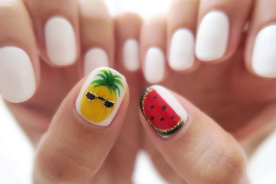 Mai Wakimizuのインスタグラム：「今月のNAIL♡パイナップルとスイカで夏満開＼(^o^)／雨の日でもテンション上がる♡ #nail#ネイル」