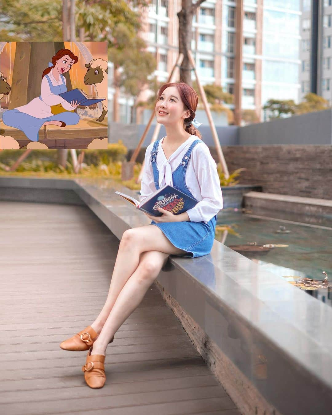 ジェシカ・ヤマダのインスタグラム：「“With a dreamy, far-off look. And her nose stuck in a book. What a puzzle to the rest of us is 𝑩𝒆𝒍𝒍𝒆.” – My second #ELLEJESSas Disney princess look is inspired by the bookworm from Beauty and the Beast, dedicated to my beautiful cousin who bears the same name @bellevalencia. 🤓👸🏻🌹🐗✨⁣⁣ ⁣⁣ Fun fact about the book I’m holding though, I bought it when I was (unknowingly) already pregnant with @jessbebes. 🙈 When I first read it, I thought, “Wow, if I ever had a kid, I would surely make her/him read this.”⁣⁣ ⁣⁣ I love Disney stories although it’s fictional. But this book, #GoodNightStoriesforRebelGirls is filled with inspiring ✨true stories✨ of 100 outstanding women (Amelia Earhart, Cleopatra, Helen Keller, you name it), AND it was illustrated by 60 female artists all around the world. How cool is that?? 💃🏻💫⁣⁣ ⁣⁣ #ELLEJESSas #Belle #BeautyandtheBeast⁣⁣ #jesswears #DisneyBound #DisneyOOTD⁣⁣」