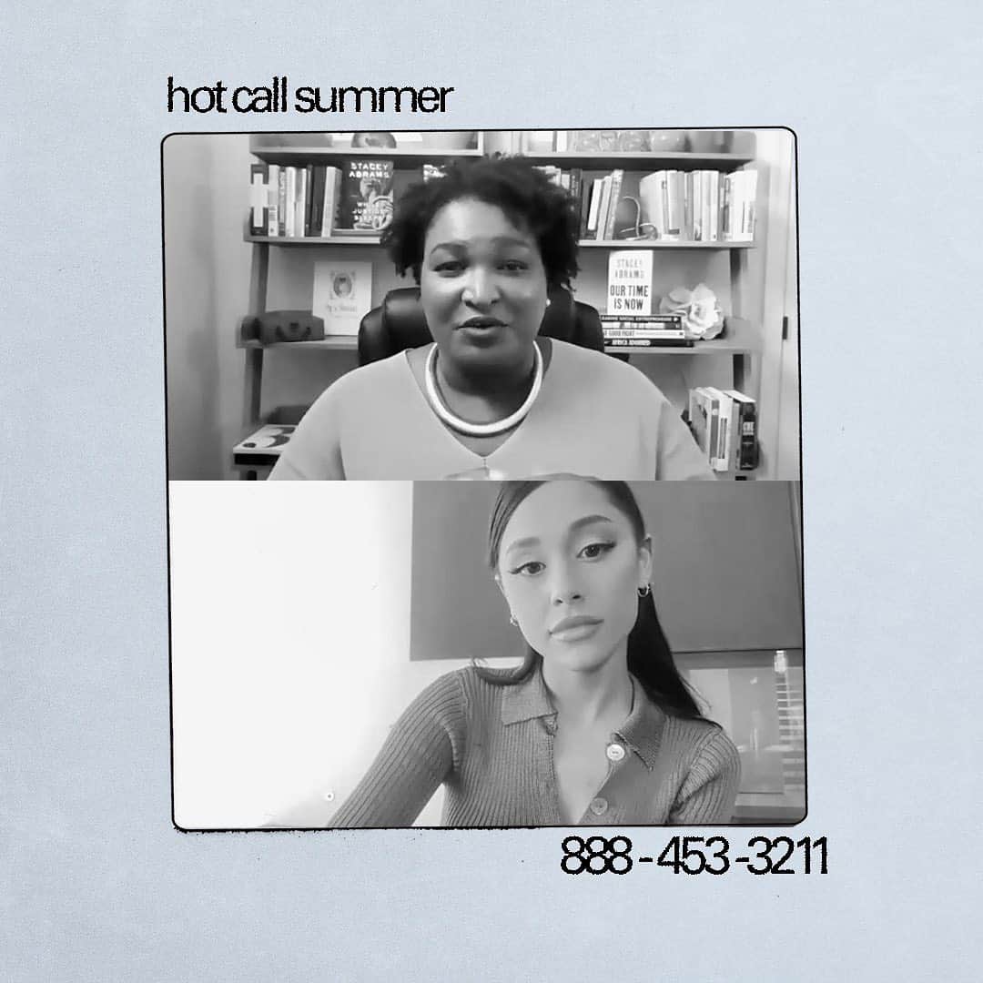 アリアナ・グランデのインスタグラム：「shaking. had the ABSOLUTE HONOR and privilege of speaking to the brilliant @staceyabrams about the For The People Act which is about to be voted on in the Senate. we need this to pass in order to protect and preserve our Constitutional right as citizens to vote, make sure they are COUNTED, and to eliminate all voter suppression. I’m asking my followers to please call your senators and urge them to pass this bill (S1)! you can go to stopjimcrow2.com to learn more, dial 888-453-3211 to call your senators now please, or visit go2vote.org and click on your state for easy prewritten tweets and graphics that you can share to tell your senators to vote YES on S1 ... thank you @staceyabrams for all that you are and everything you do for democracy. you are everything and we appreciate you!!!!!」