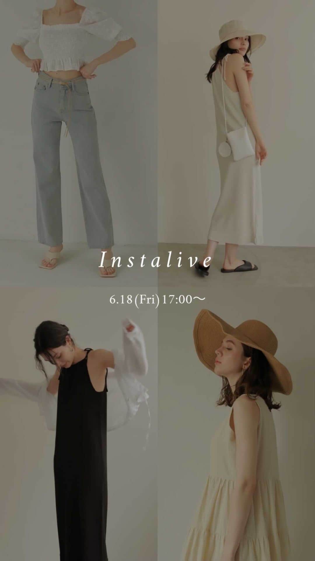 のインスタグラム：「【6/18(Fri)NEW ITEM】 Actress brim ハット　￥9,900 Light blue wide デニム　￥13,200 Shoulder ribbon maxi ワンピース　￥12,100  @sachika_takemura 161cm @manami__sato 167cm #ACYM #instalive #インスタライブ」