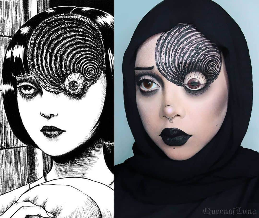 queenoflunaのインスタグラム：「Azami Kurotani from Uzumaki 👁️🌀🖤 . I'm so overwhelmed by your love and support in my last post. Thanks, you guys! ♥️ . . #azamikurotani #uzumaki #junjiito #manga #horrormanga #animemakeup #黒谷あざみ」