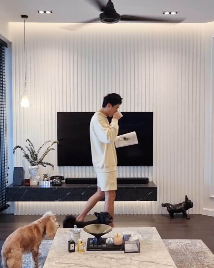 デスモンド・タンのインスタグラム：「There is no place like home. Perfect weather to lounge at home this weekend with my furkids, isn't it? 想来做客吗? 😉   Great work by @absolookid for making my home a perfect reason for having to go nowhere and just stay home. This is my kind of staycation! 🏠  #DThomeVer2 #absolookid」