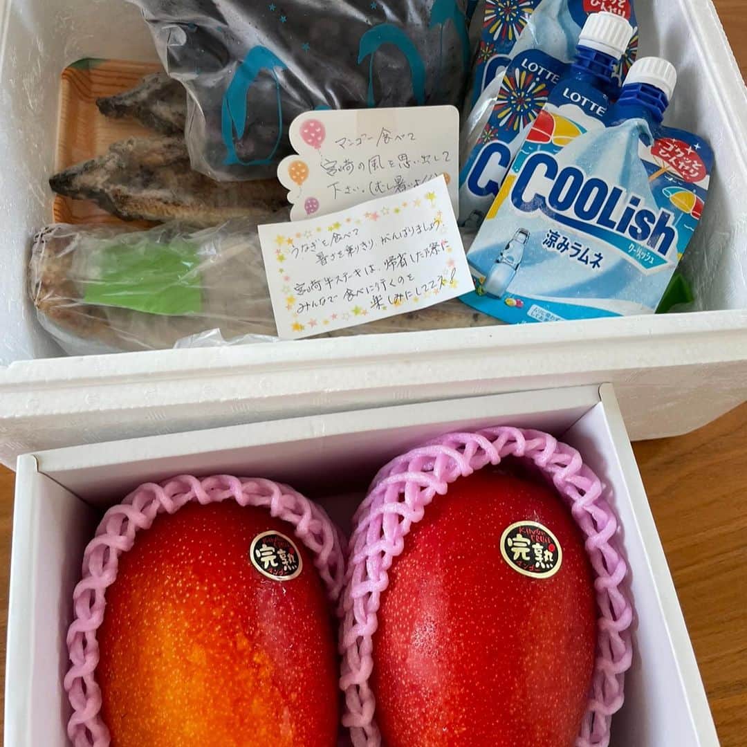 蛯原英里さんのインスタグラム写真 - (蛯原英里Instagram)「宮崎の実家から スペシャルBOXが届きましたー！ 子供たちは 何が送られてきたのか興味津々！ 荷物を受け取ってからの動きが早い早い🤣  大好きなマンゴーや鰻、実家で育てているブルーベリーも🫐たくさん！  そして、おじちゃん（私の弟）からは ラムネのアイスーーーー🧊 子供たちは、1番コレに食いついてたー  そして、母からの優しいメッセージ 今年の夏も帰れないけど 宮崎の風を感じたよーーーー いつもありがとうー 子供たち、速攻でラムネのアイス 美味しくいただいてました♪  #miyazaki  #mango  #実家からの贈り物  #specialbox  #宮崎の風  #specialthanks  #癒された」7月30日 14時42分 - eriebihara