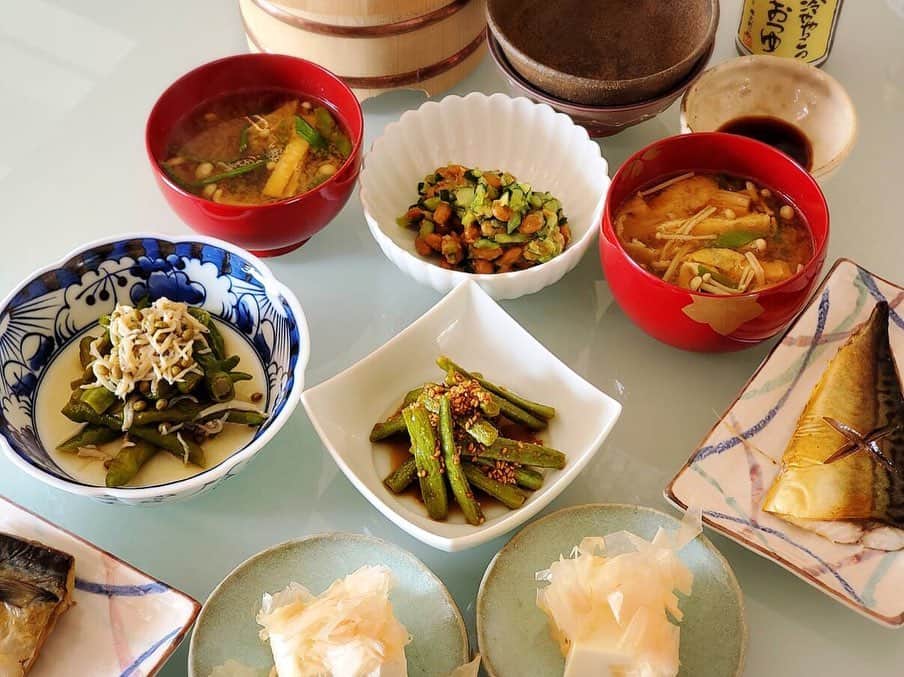 杉本彩のインスタグラム：「* * 昨日のお昼ごはん🍚🥢  無農薬自然栽培のいんげんの胡麻油炒め！  無農薬自然栽培の伏見唐辛子と山椒としらすの炊いたん！ (ちりめんじゃこがなかったので、釜揚げしらすで代用)  納豆とぬか漬けきゅうりと鰹節を和えました！ 自家製きゅうりのぬか漬けの塩分が少し強かったので、納豆のタレを入れず、きゅうりを刻んで和えたら美味しかったです。 きゅうりも無農薬自然栽培ですが、ぬかももちろん無農薬です。  あとは、鯖の一夜干しと冷奴、えのきとお揚げと九条葱のお味噌汁🥣  #無農薬自然栽培お野菜  #無農薬自然米  #遺伝子組み換えでない」