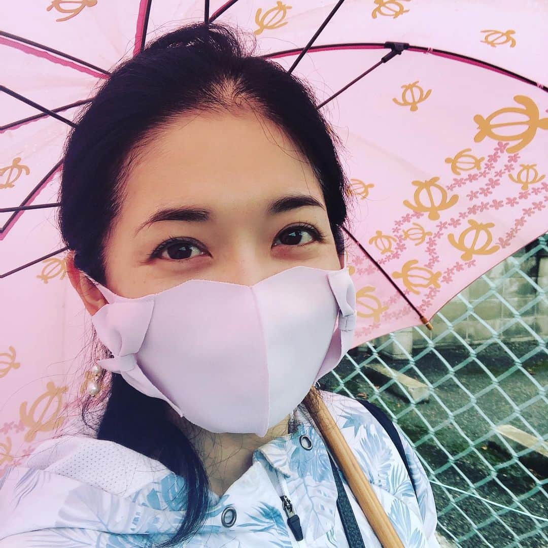 浅川稚広のインスタグラム：「雨が降り続いていますね☔️ お気に入りの傘🐢をさして、娘をお迎えに行ってきます💕 この傘、もう10年以上使っていますが、丈夫で長持ちしてくれています🥰💫 この薄紫色のリボンマスク🎀もお気に入り🎶  #honu #rainyday」