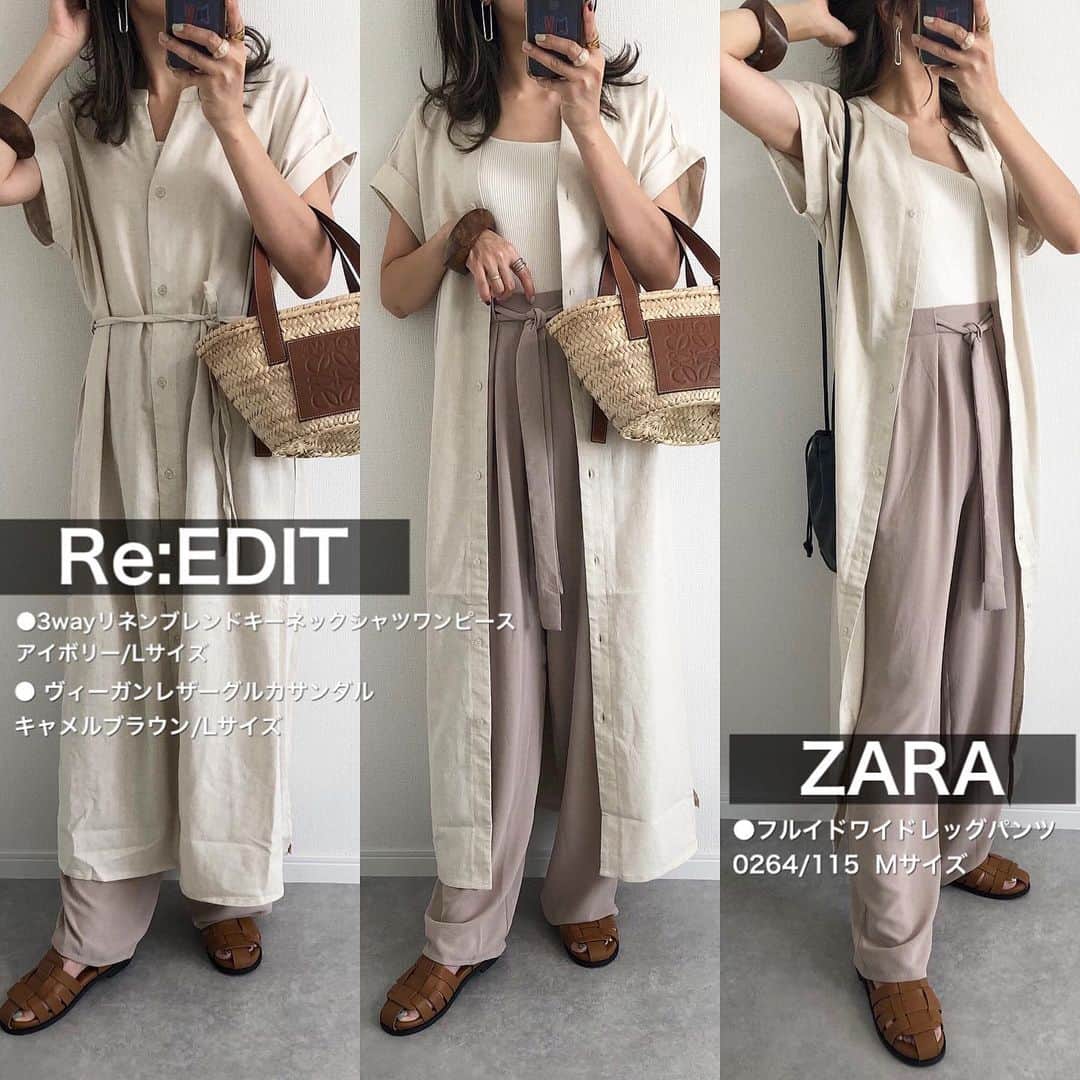 Miyoのインスタグラム：「【Re:EDITコーデ】 ワンピースとしても羽織りとしても使える リネンワンピ💜 キーネックデザインなので 首回りがすっきり✨ アイボリーのLサイズを着ています☺️(165cm) ⁡ ⁡ 欲しかったグルカサンダル👡♡ お気に入りポイントは ●高見えするデザイン ●ふかふかクッションで履き心地抜群 ●脱ぎ履きがしやすいフックタイプ です💜 ⁡ 足首のベルトで調節できます👍🏻 普段サンダルは24cmを履いていて、 こちらはLサイズにしたらぴったりでした🦶 ⁡ ⁡ ⁡ ワンピース…#reedit @reedit_official リブスクエアネックニットタンクトップ…#GU#ジーユー フルイドワイドレッグパンツ…#ZARA#ザラ バッグ…#loewe#ロエベ#vasic サンダル…#リエディ ピアス…楽天roomに載せてます バングル…ZARA ⁡ ⁡ ⁡ ⁡ #夏コーデ#ワンピース#リエディスタ#エシカルファッション#サステナブル#SDGs#2021SS#今日のコーデ#ザラジョ#ザラコーデ#GUコーデ#今日のコーデ#グルカサンダル#サンダルコーデ#ママファッション#ママコーデ#プチプラコーデ#プチプラファッション#大人カジュアル#大人可愛い#きれいめカジュアル ⁡ ⁡」