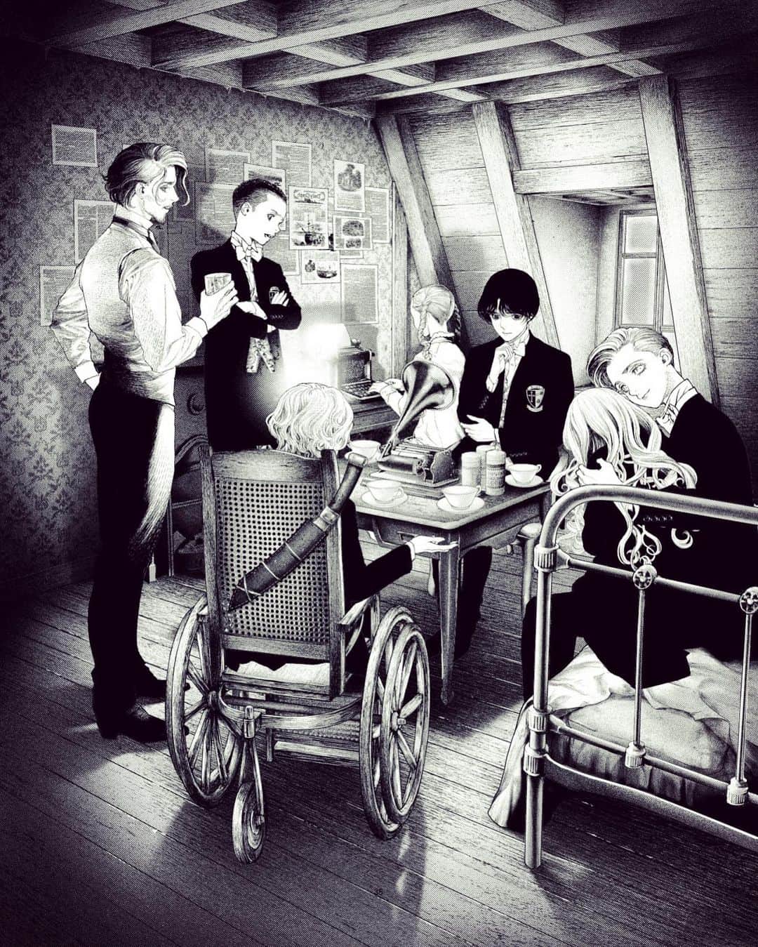 坂本眞一のインスタグラム：「Drawing day 3  Mina's attic  #DRCL#midnightchildren#BramStoker #shinichisakamoto#坂本眞一#グランドジャンプ#Whitby#Dracula#WilhelminaMurray #LukeWestenra #ArthurHolmwood#Renfield」