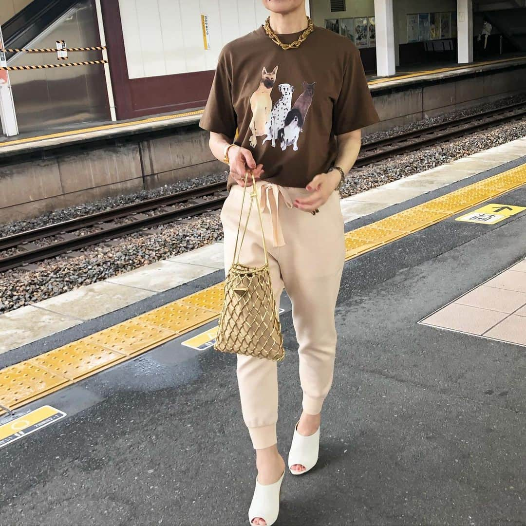 chikako0824のインスタグラム：「今年買ったワンちゃんのTシャツ。  #machatt  #drawer  #prada  #sergiorossi  #cod  #50代コーデ」