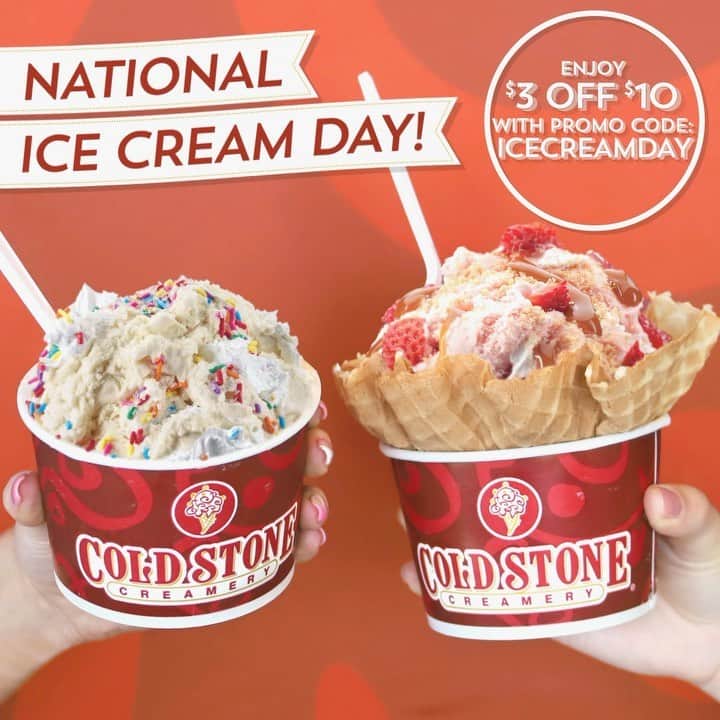 のインスタグラム：「Happy National Ice Cream Day! Let's celebrate! 🎆🎉✨🍦 Enjoy $3 off when you spend $10 or more online and use code ICECREAMDAY at checkout! Click the link in our bio to treat yourself now through Thursday! . . . *Offer valid 07/18 through 07/22/2021. $3 off when you spend $10 or more online via coldstonecreamery.com. Valid only at participating US locations via ColdStoneCreamery.com, while supplies last. Must log into My Cold Stone Club® Rewards at checkout to redeem. One (1) offer per person. Customer pays all applicable taxes. Not valid where prohibited by law, for orders placed through third party delivery or with any other offers.」