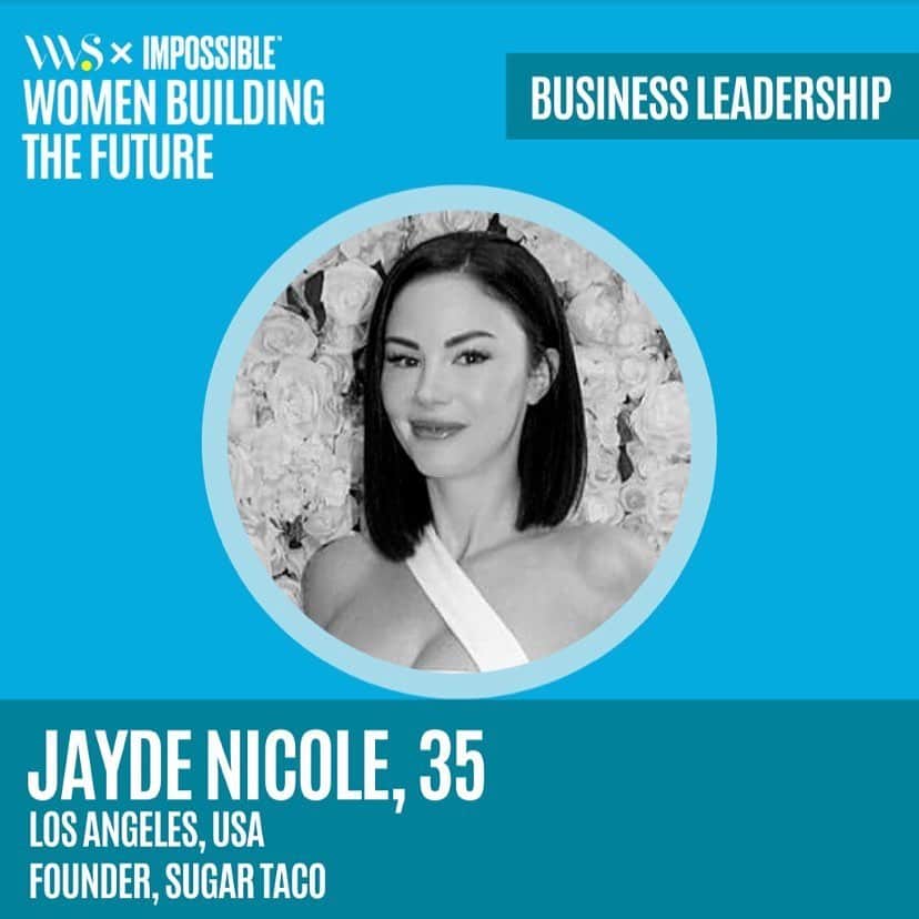 ジェイド・ニコルのインスタグラム：「So honored to be selected by @veganwomensummit and @impossible_foods as a leader in business with their Women Leading the Future 🌳🌍 @sugartaco is founded by women, funded by women and helping save our planet. I couldn’t be more proud of our amazing team and what we have accomplished so far, and I am so excited for what the future holds 🚀 #womeninbusiness #leadership #entrepreneur #veganbusiness」