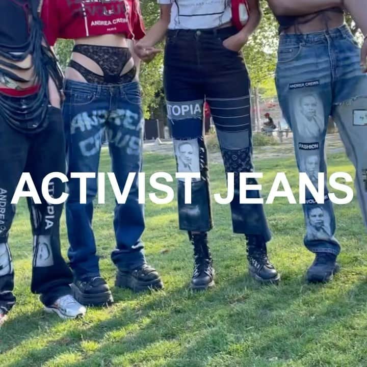 アンドレアクルーズのインスタグラム：「FUTURE IS DENIM   Discover our upcycled jeans on andreacrews.com ✨  Styling @maroussia_rebecq  Font Javel jean @chacalinho  Location @la_villette  #rebelliousradical #seenowbuynow #pfw #activism #18yo #denim #fashionshow #newcollection #summercollection #fashionfuture #18yoandreacrews #andreacrews #acbirthday #birthday #iamandreacrews #upcyclingfashion  #taubirapour2022 #upcycling #parisfashionweek #jointhecrew #happybirthday #youthoftoday #lavillette」