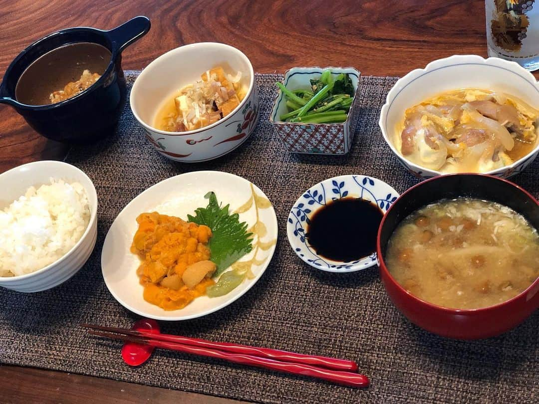 月央和沙さんのインスタグラム写真 - (月央和沙Instagram)「うちの晩ごはん🍚✨ . #うに😆 #とり肉卵とじ #厚揚げ豆腐 #ほうれん草胡麻和え #納豆 #なめこと大根のお味噌汁」7月26日 20時03分 - kazusa_tsukio