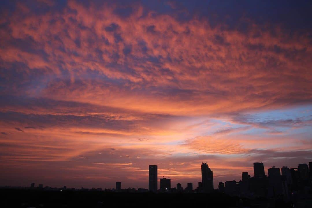 坂元美香さんのインスタグラム写真 - (坂元美香Instagram)「today's sunset 2021/07/26 19:09  心洗われる美しさでした✨  いつも18:30の段階でタイムラプスを 撮るか撮らないか判断するのですが 今日は設置して正解でした。  赤く焼けてる瞬間は本当に15分くらいなので 見逃したら一瞬で終わりなのです。 運良くご飯作りながら東の空を見たら 東の空までもがピンク色だったので 慌てて西の空を見に行ったらこの焼け具合✨  鮮やかな夕焼けは台風接近のサインと いうけれど本当なんだね。  #sunsetphotobymikasakamoto  #sunset #夕陽 #夕日 #夕焼け #tokyosky #やっぱり空が好き #イマソラ #CanonEOSKiss8 #台風接近」7月26日 20時32分 - mika_saka