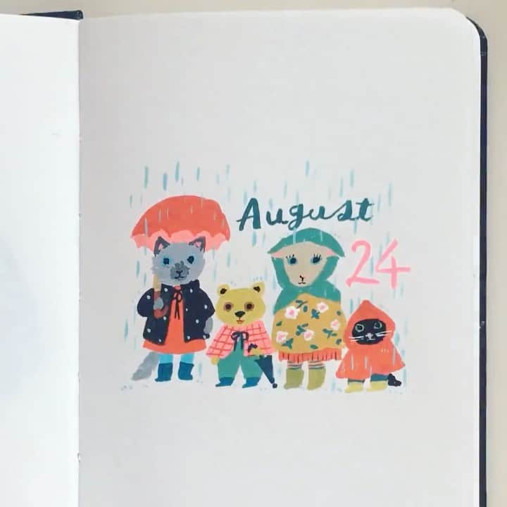 のインスタグラム：「雨がさ、長ぐつ、レインコート  3年前に描いたやつです。  #yumikitagishicalendar_august」