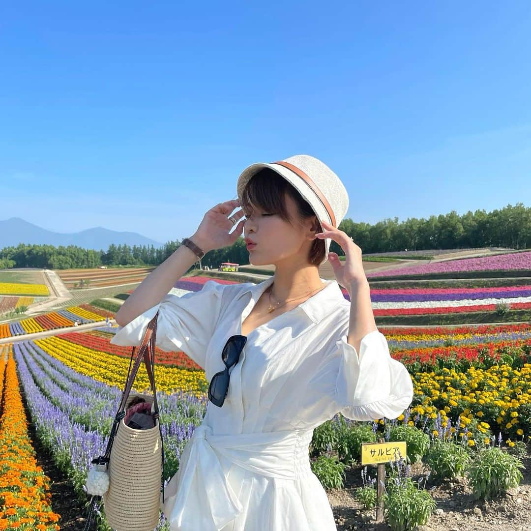 ななぴさんのインスタグラム写真 - (ななぴInstagram)「🐝💐  #四季彩の丘  #夏の北海道旅行　#富良野　#富良野旅行　#絶景スポット　#白ワンピ　#花畑　#フォトジェニック　#ロエベ　#loewe #ホワイトコーデ　#夏ワンピ　#旅行コーデ　#ショートヘア　#ショートヘアコーデ　#カゴバッグ　#バケハ　#バケットハット」8月3日 19時28分 - __nanapgram__