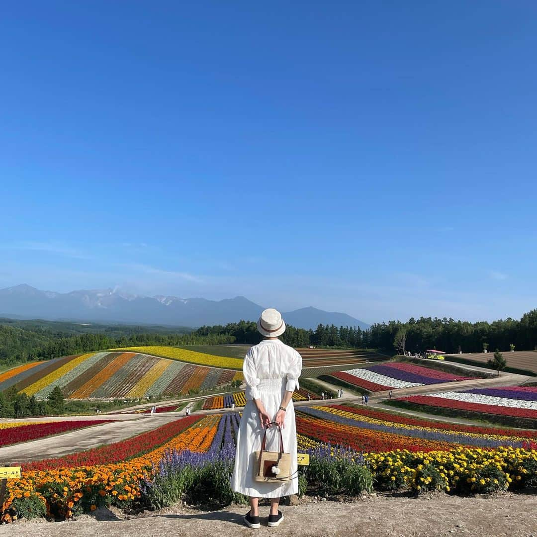 ななぴさんのインスタグラム写真 - (ななぴInstagram)「🌞  すごく綺麗な真っ青な空に 色んな色のお花畑💐  まるでジブリみたいな気分になれた  大自然に行きたくて ずっと行きたかった夏の北海道やっといけた😌✨  いろいろトラブルはあったけど とりあえず夏に北海道の大地に行けて 美味しいもの食べれて満足！ 次はまた行ききれなかったところにいこーっと🚗  北海道、何度でも行きたい🌻  #四季彩の丘  #夏の北海道旅行　#富良野　#富良野旅行　#絶景スポット　#白ワンピ　#花畑　#フォトジェニック　#ロエベ　#loewe #ホワイトコーデ　#夏ワンピ　#旅行コーデ　#ショートヘア　#ショートヘアコーデ　#カゴバッグ　#バケハ　#バケットハット」8月3日 19時27分 - __nanapgram__