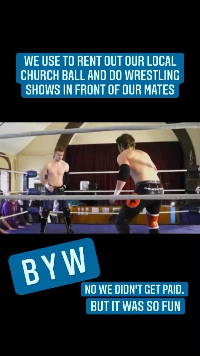 ウィル・オスプレイのインスタグラム：「Underground Wrestling 🔥  6 years ago. Fun fact the month after this I was the PROGRESS champ and still did it.  The way I looked at it was I was a pro footballer playing football with his mates on a Sunday.   / vs @dravenshappyplace」