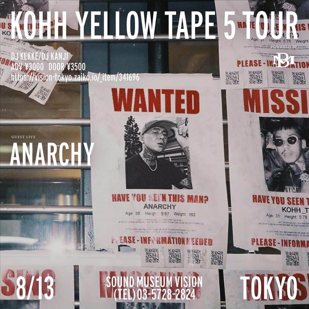 KOHHのインスタグラム：「WANTED🚨🚨🚨 @visiontokyo  　 🎫Ticket Information : SOUND MUSEUM VISION 03-5728-2824」