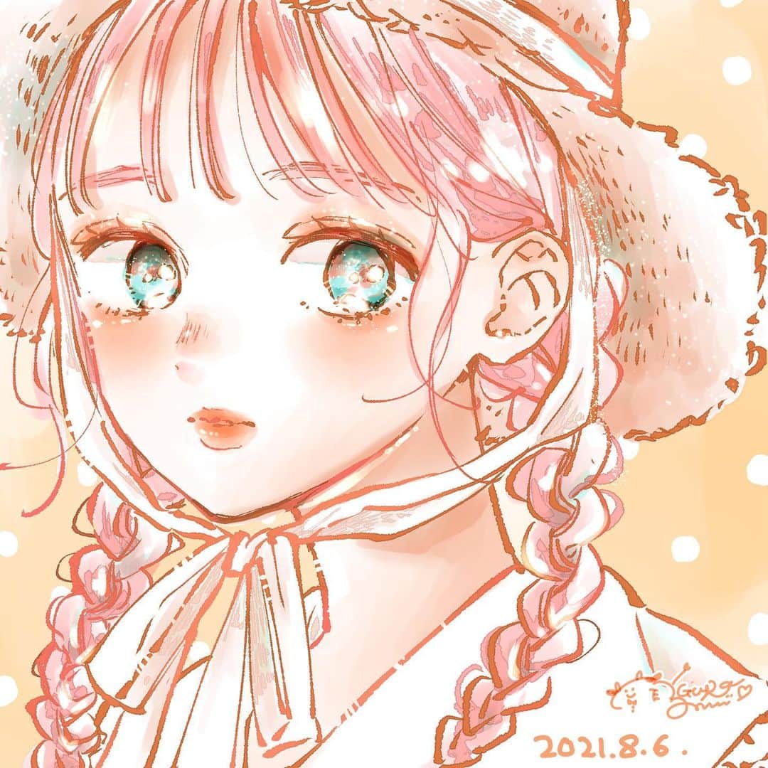 のインスタグラム：「⁡ ⁡ いつもコメントや♡ありがとうございます。＊ ⁡ オレンジメイクと麦わら帽子👒 ⁡ #創作 #女の子 #麦わら帽子 #オレンジメイク #illustration」