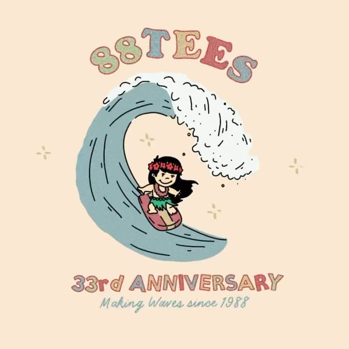 エビアン・クーのインスタグラム：「Today is our 33th Anniversary for @88teesofficial. Come by the store if you’re around Waikiki. We are open from 1pm to 6pm. Illustration done by @samialanaillustration  88tees33周年迎えます‼️ いつもいつもサポートありがとうございます！１３時から１８時いるのでぜひ遊びに来てね＾＾」