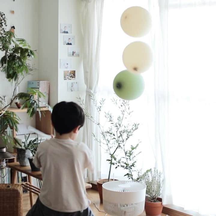 きなこのインスタグラム：「ぷかぷか風船🎈 サーキュレーターを上に向けて風船を乗せるとずっとぷかぷか浮かんで、生きてるみたいな不思議な動きをして面白い♡ 2個、3個乗せるとぶつかり合って誰かが脱落していくという風船バトルに。楽しくて飽きずにずっと見ていられます♩息子も風船バトルに参戦⚔」