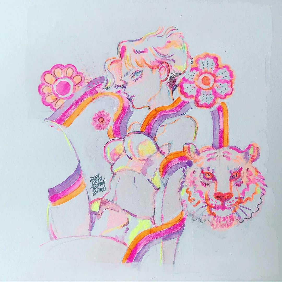eimiのインスタグラム：「🌈🐅🌼  #水彩イラスト#水彩插畫#イラストレーション#eimi#AzamiEimi#illustration#drawing#girlsillustration#artwork#watercolorpainting#newretoro#neon」