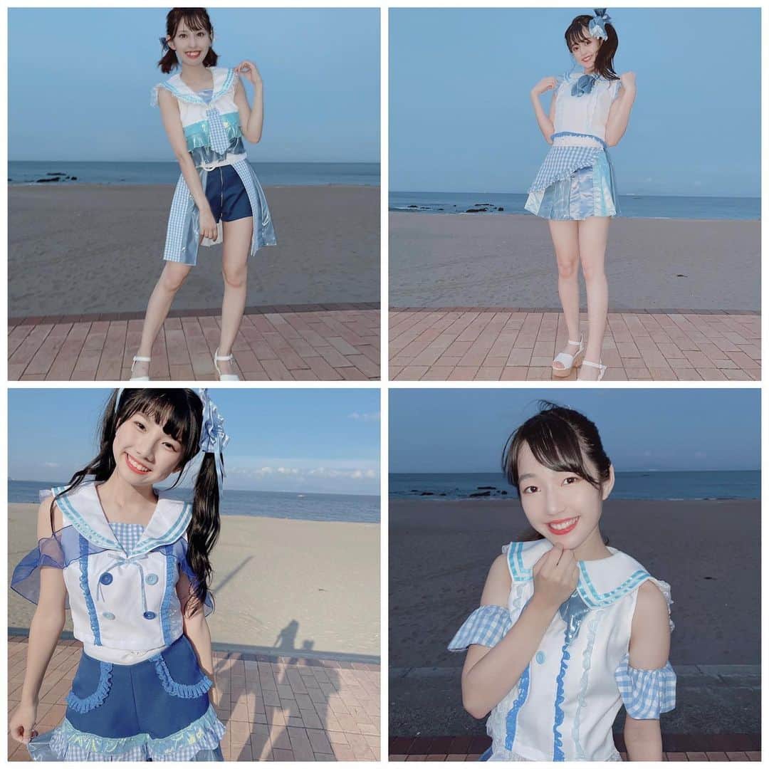 吉澤悠華さんのインスタグラム写真 - (吉澤悠華Instagram)「ㅤㅤㅤㅤ ‎新曲「渚のサーフライダー」の衣装もデザインさせて頂きました 🐋 ⁡ 今回は「夏」「海」ということで全体的に青を使用し大好きなセーラーカラーも取り入れました。 ⁡  リボン（2人）、ネクタイ（1人）、スカーフ（2人の）になっていたり、襟部分が2種類あったり同じセーラーでも所々違いを出してみました！ ⁡ 今回はたくさんデザインを描いてそこから選びました！描いた時は（ペンの色がなかった）青と水色で描いていますが実際の衣装の生地選びでは青と紫の間のような色を拘って使いました！ 自分自身がすごく好きな色であまりアイドルの衣装に使われてない色を選びました。 この色が絶妙で可愛いのでお気に入りです。 ⁡ ギンガムチェックも色やサイズ拘ったところがたくさんあります。使う部分によってサイズを変えました！ 細かいギンガムから大きいギンガムまで…！ たくさんあるギンガムチェックの中からみつけたお気に入りのギンガムチェック ▫️◻️ かわいい ＾＾ ⁡ 新体制のコンセプト「キラハピ」要素も残しつつ夏らしい衣装になりました ！ ⁡ ◽️ゆうなちゃん◽️ トップスは波を意識したグラデーションのふりふり！ （描いたデザインのFってやつなんだけど写真隠れちゃった ︎︎☺︎）それにボトムスはショートパンツに周りにプリーツスカートが付いてる形 ！ ゆうなちゃんの綺麗な脚が良く見えていいね〜 ⁡ ◽️たまちゃん ◽️ たまちゃんの特にスカートのギンガムチェックのエプロンのような部分は実物でき上がるまで正直不安だった…！この形にプリーツスカートを合わせるのは見たとがなかったからドキドキだった。でも超絶可愛くて良かった…この組み合わせと色合い可愛すぎる ♡ ⁡ ◽️ はなちゃん ◽️ はなちゃんの衣装のポイントは半分ショートパンツで半分プリーツスカートなところ…💭はなちゃんも脚が長いからショートパンツが良く似合うのよ！トップスの腕の部分は当初は繋がってたけど踊りやすさとかも考えて別々に…！自分にその発想はなかったので衣装製作に携わって頂いた方々のおかげで完成したはなちゃんの衣装です ︎︎☺︎ ⁡ ◽️ そらちゃん ◽️ そらちゃんらしいノースリーブ…！と見せかけて胸元から腕にかけて伸びる青いやつ（急な語彙力皆無） これもイラストで描いてみたはいいものの実際どうなるか想像出来なかったけど私が描いたトップスを忠実に再現して頂きました…！すごい、、 ショートパンツもゆうなちゃんと同様海の並のようなデザイン 🌊 ⁡ ⁡ 今回も前回の「キラハピ」衣装に引き続き @ankto613 さんに衣装製作して頂きました！ 素敵な衣装が出来上がって本当に嬉しいです 😭 ありがとうございます ！ ⁡ ⁡ 自分の衣装の拘りは後日また載せるね 〜 ︎︎☺︎ ⁡ ⁡ そして〜 新体制第2弾デジタルシングル 「渚のサーフライダー」は8/18日リリースです ❕ ⁡ よろしくお願いします 〜 ＾＾ ⁡ ⁡ #ljk #jk3 #アイドル #idol #japan #03 #2003 #sjk #アイドル衣装  #衣装デザイン #デザイン #アイドル衣装デザイン #アイドル衣装製作 #衣装 #衣装製作 #マジパン」8月13日 18時45分 - harurunfrog_78