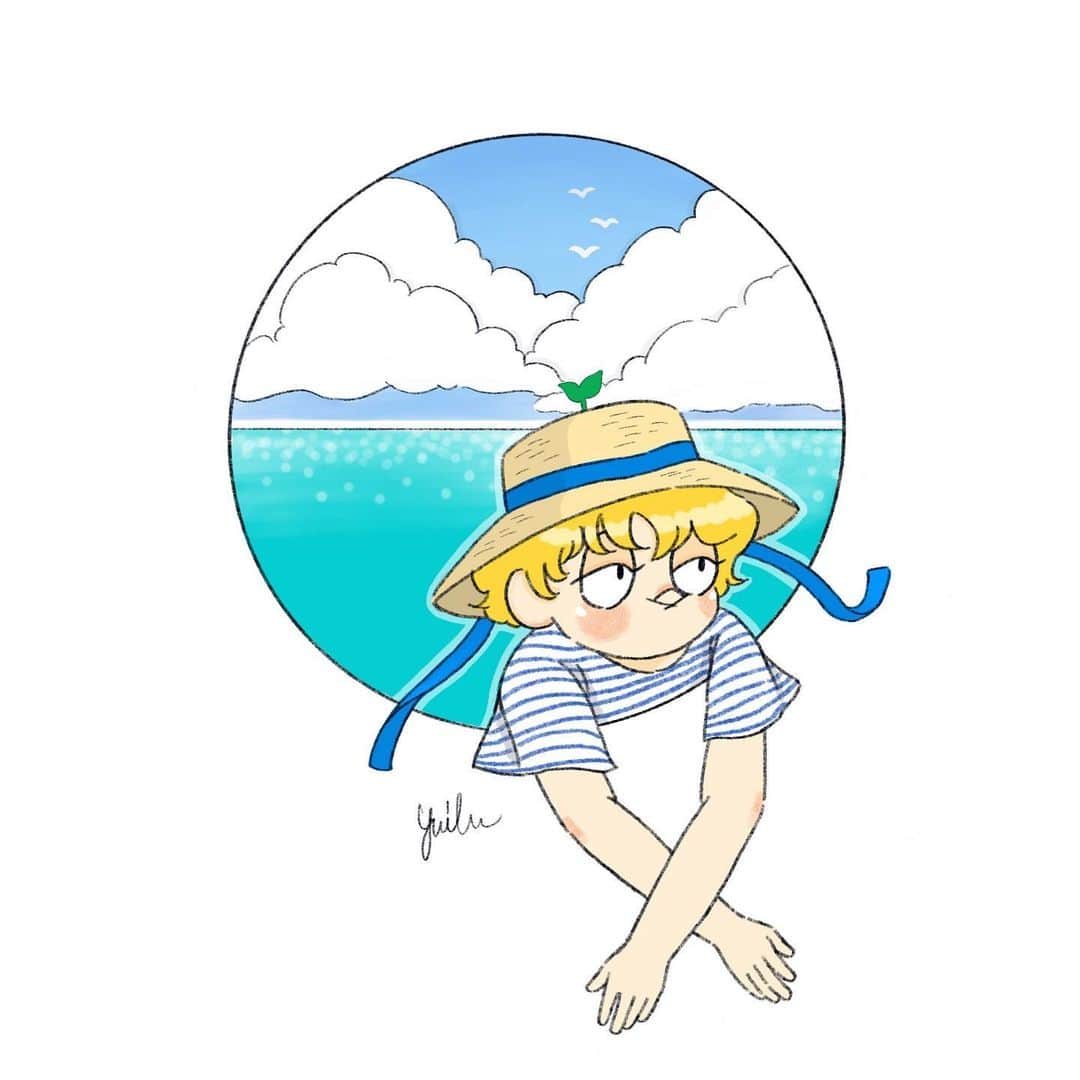 yurika_eyeのインスタグラム：「Summer wind 👒  久々に晴れた☀️ ：  #illustration #original #character  #ipad #drawing #summer  #procreate #sea #view  #イラスト #キャラクター #オリジナル  #絵 #描く #夏 #ラフ画 #yurika2wins  #海 #景色」