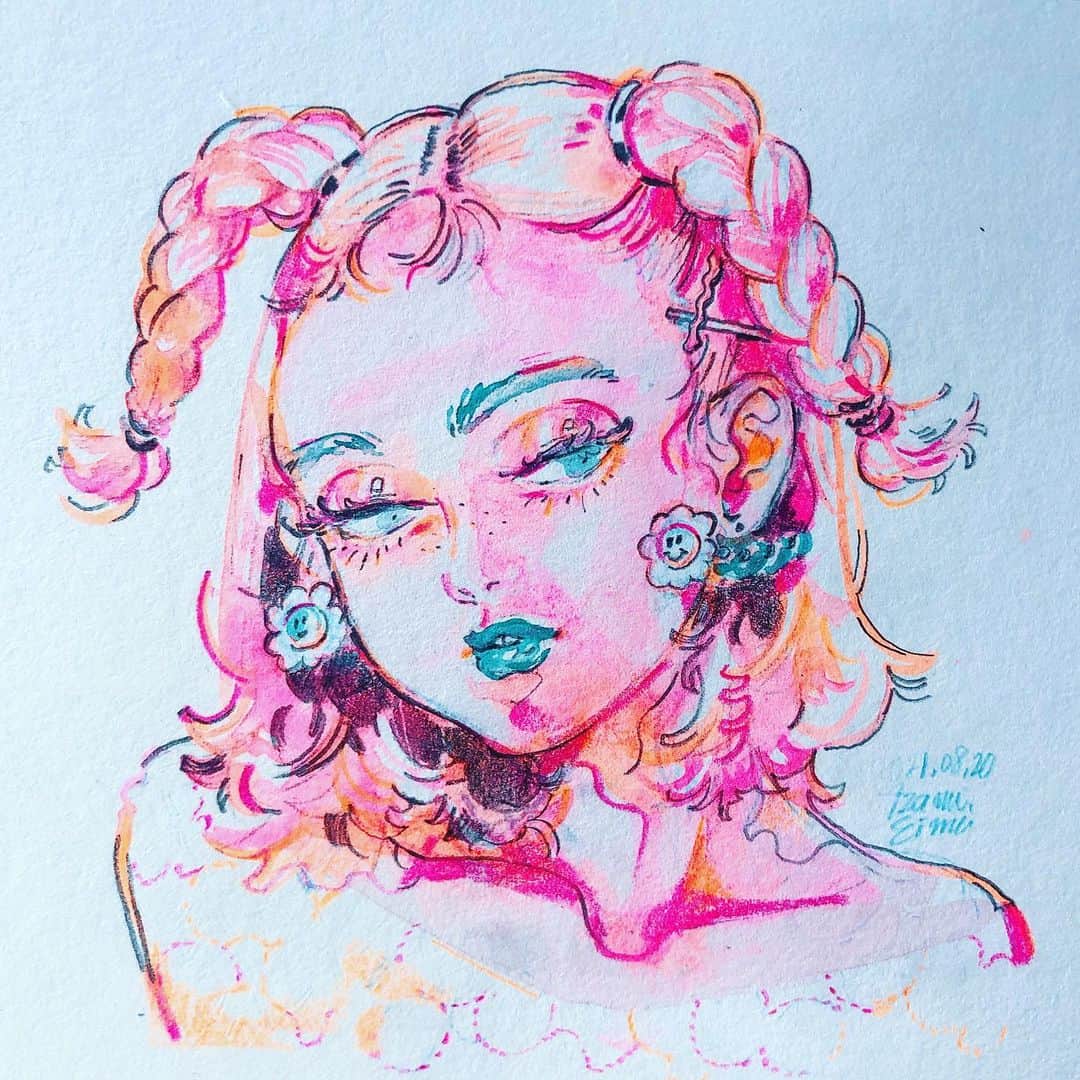 eimiのインスタグラム：「🌈企画展「PORTRAIT」@京都 藤井大丸🌈  本日20日19時まで、ONLINE STOREは23時まで🌟 https://keshikidotjp.official.ec/  またはkeshik.jp（@keshik.jp ）プロフィールのURLから  あと少しとなりました、よろしくお願いいたします〜！  大変な状況の中お越しいただきました方、気にかけてくださった皆様ありがとうございました✨ そして会場、オンラインストアで作品やグッズをご購入いただきました方、本当にありがとうございます🙇‍♂️💕 また作品をお見せできる日がくるようたくさん描き貯めていきたいです    「PORTRAIT」  【日時】 2021年8月6日(金)~ 20日(金)   【会場】 藤井大丸4F特設スペース 〒600-8031 京都市下京区寺町通四条下ル貞安前之町605番地 阪急「京都河原町駅」下車 徒歩約2分 京阪本線「祇園四条駅」下車 徒歩約7分 京都市営地下鉄「四条駅」下車 徒歩約10分  【営業時間】 10:30-19:00 ※変更の可能性あり  【参加作家】 ケント・マエダヴィッチ(@kent_maedavic )/ 星野ちいこ(@ch11k0 )/ Azami Eimi (@mqv_eimi )  【企画 】 keshik.jp (@keshik.jp )  #kyoto #illustration  #portrait #exhibition #art #painting #tokyo #japan #水彩イラスト#水彩插畫#イラストレーション#eimi#AzamiEimi#drawing#girlsillustration#artwork#watercolorpainting#newretro」