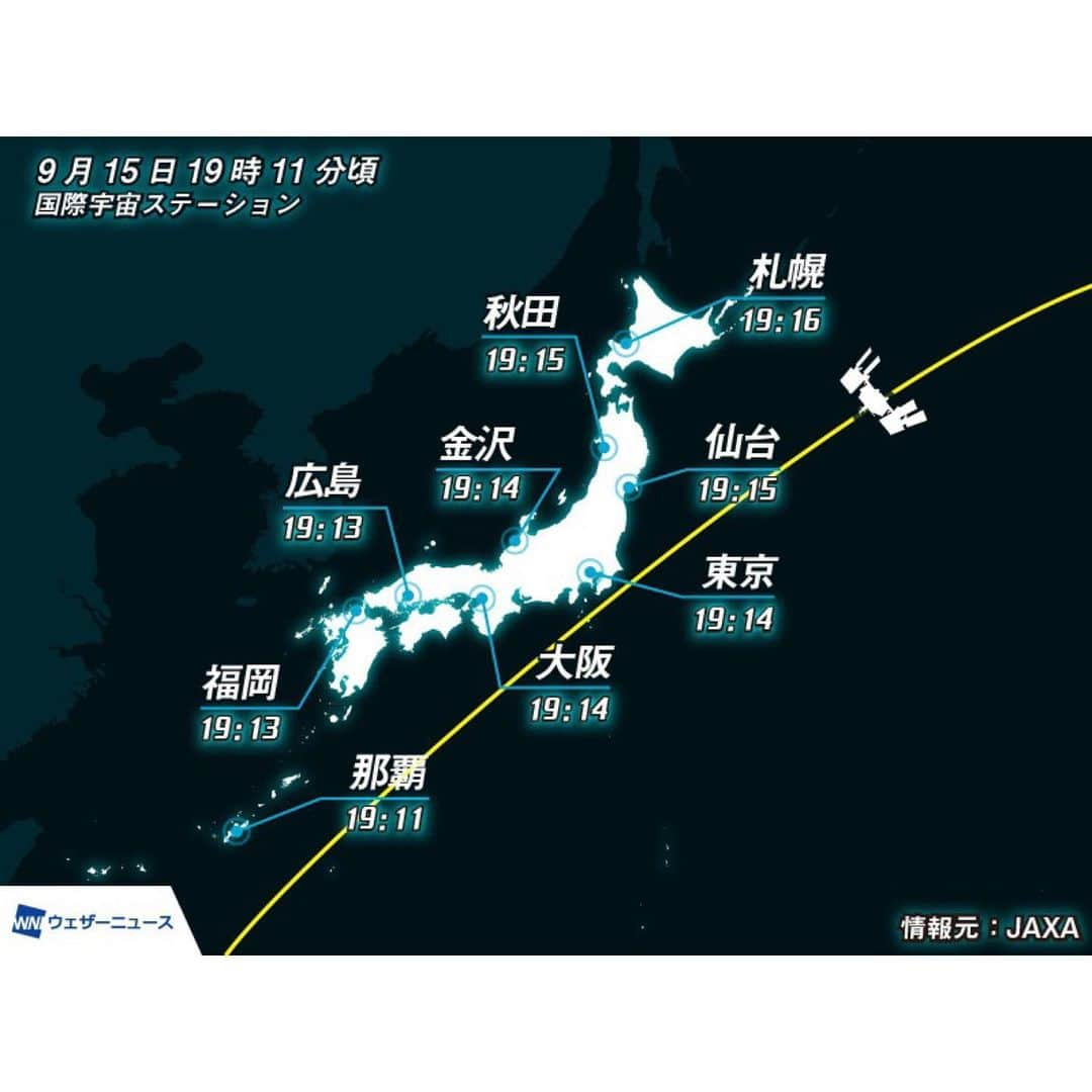 山岸愛梨さんのインスタグラム写真 - (山岸愛梨Instagram)「⭐️国際宇宙ステーション/きぼう⭐️ 本日9月15日（水）、19時過ぎ、国際宇宙ステーションが日本上空を通過します。  ■晴れていれば全国の広い範囲で見ることができます。 ■望遠鏡や双眼鏡などの特別な道具は必要なし。ベランダや公園などで気軽に空を見上げて探してみてください。 （できるだけ空が開けていて、周りに高い建物が少ない場所がおすすめです。） ■ISSが見える時刻と方角はお住いの街によって異なります。詳しくはウェブサイトでご確認くださいね。 https://lookup.kibo.space/forecast/20210915/09151911/  #ウェザーニュース　#ウェザーニューズ　#ウェザーニュースlive  #weathernews #weathernewslive #お天気キャスター　#気象キャスター　#気象予報士　#気象　#空　#sky #豆知識　#イラスト　#天気　#天気予報　#星空案内人　#国際宇宙ステーション　#iss #きぼう」9月15日 17時01分 - airi_yamagishi