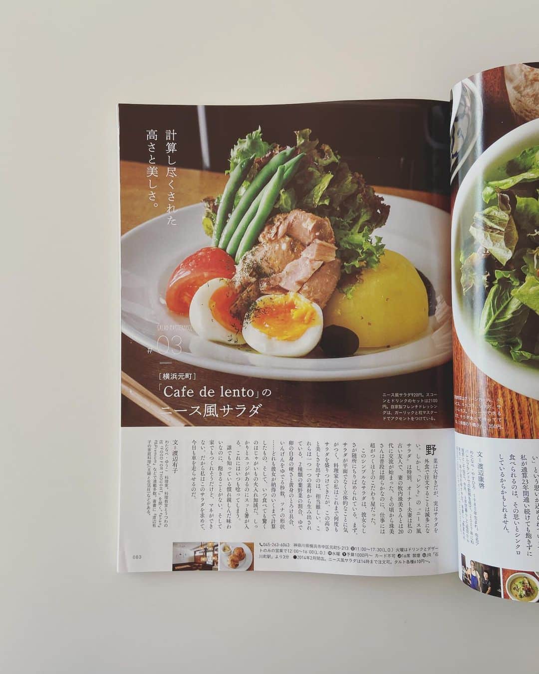 のインスタグラム：「「dancyu」10月号サラダ特集「サラダ名鑑」にて、横浜元町『Café de lento』のニース風サラダ愛、寄稿させて頂いております。文字数制限で伝えきれない愛がまだまだ…😭  レントのニース風サラダ、皆さんに食べてほしい〜。サラダも秀逸ですがマフィンサンドやタルト、ミルクティー、コーヒー…なにを頼んでも本当においしい。我が家のさあちゃんもタルトやマフィンを夢中になって食べます☺️家族で行けるカフェでありがたい。 なかなか遠出のできない日々は続いていますがいつの日かまたきっと。 元町のお近くの方がうらやましい🥗 レントに行ったら元町、中華街、山下公園…と横浜散策も楽しい。  ダンチュウは毎号、独自の分析、視点で読み応えのある面白い雑誌です。」