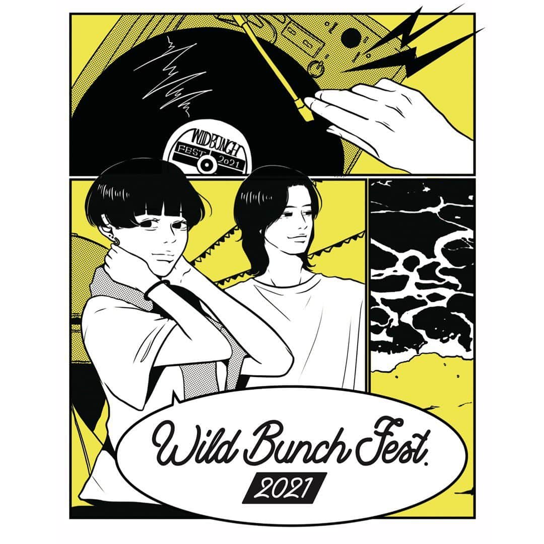 masuda mikuのインスタグラム：「🌊WILD BUNCH FEST. 2021🌊  オフィシャルTを担当させて頂きました🕺  山口きらら博記念公園の海の横で様々な音楽が鳴り響き、 「ワイルドバンチが始まるぞ！」というあの高揚感を漫画調で表現しました。  学生時代から欠かさず行っていた 大好きな大好きなワイバンに いつかお仕事で携わりたいと思っていたので本当に嬉しかったです。  昨年に引き続き今年も中止になってしまい、会場でみることは出来ませんでしたがこの機会にぜひオフィシャルTをゲットしてもらえると嬉しいです！！  来年こそは開催されることを願っております！  協力・ロゴデザイン　(R11R)様 @wild_bunch_fest」