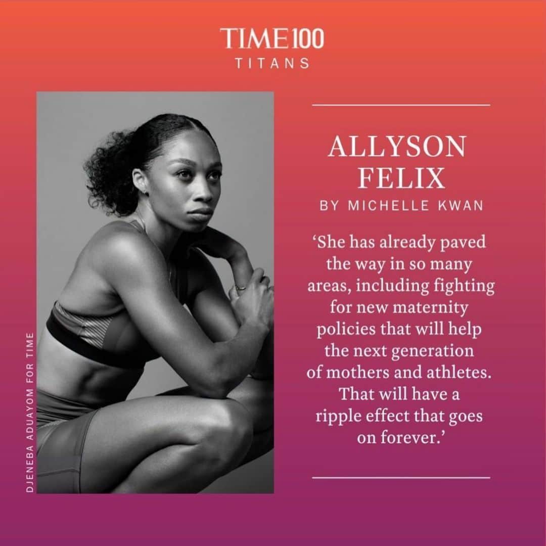 ミシェル・クワンのインスタグラム：「Honored to write this @time 100 piece for my friend & champ 🐐@allysonfelix   Time 100 Titans By: Michelle Kwan   I met Allyson Felix when we were both appointed by President Obama to be members of the President’s Council on Sports, Fitness & Nutrition. We hit it right off, and through our work on the council we became fast friends.  She’s said that she hopes to compete with character and humility, knowing that her daughter and generations of young girls and boys are watching her. She’s thoughtful, generous and knows she has the responsibility of being a role model for girls and boys who look up to her. I think Allyson sets an extraordinary example as a mother, as a woman and as an athlete. She has already paved the way in so many areas, including fighting for new maternity policies that will help the next generation of mothers and athletes. That will have a ripple effect that goes on forever. She is passing on the baton to the next generation, and it was great to see that in front of your eyes in the 4 × 400-m relay in Tokyo, where she and the team took home the gold. That medal made Allyson the most decorated U.S. track-and-field athlete of all time.  I anticipate and expect that she will continue to follow her heart to do great things, some of which will probably be more meaningful than what she has accomplished in sports, as incredible as those feats and those medals are. This is just the beginning for her.」
