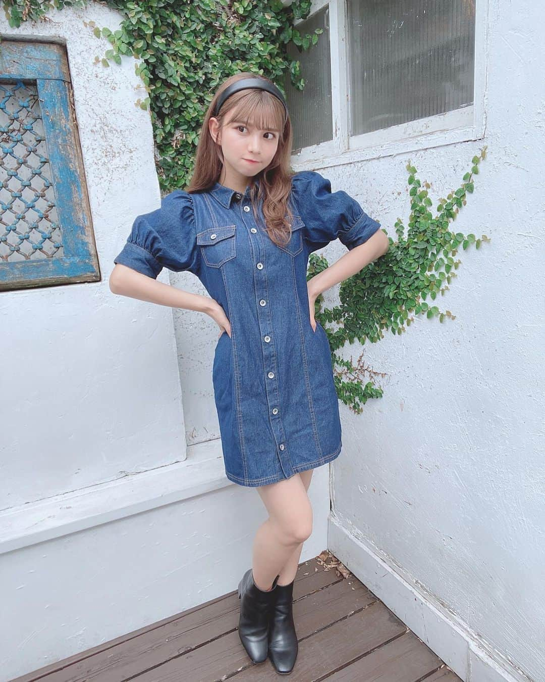 本田夕歩さんのインスタグラム写真 - (本田夕歩Instagram)「先取りで秋コーデ  #NICECLAUP #デニムワンピース #秋服コーデ #太カチューシャ #ootd」8月29日 17時29分 - pon_chan216